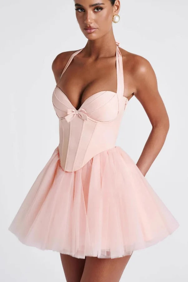 Charming Homecoming Dress Halter Bowknot Tulle Back to School Outfits Party Dress  D7333