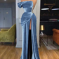 Royal Blue One Shoulder Velvet Split Long Prom Dress Evening Dress M4925
