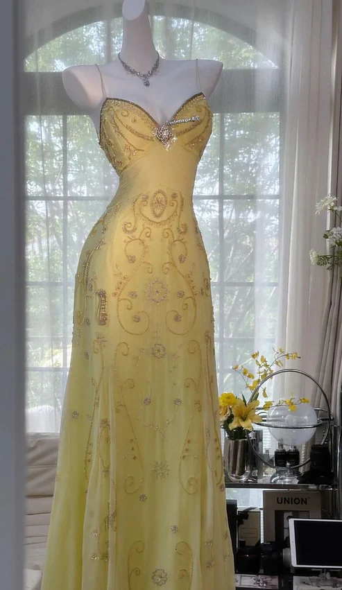 Light Yellow Straps Sheath Beaded Vintage Long Evening Party Dresses, D1231