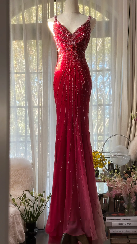 Stunning Red Straps Mermaid Chiffon Beading Vintage Long Evening Party Dress, D945