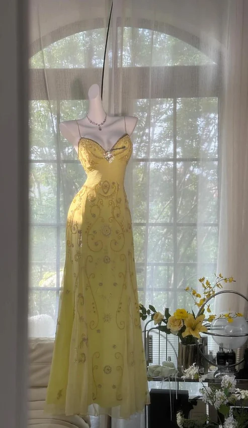 Light Yellow Straps Sheath Beaded Vintage Long Evening Party Dresses, D1231