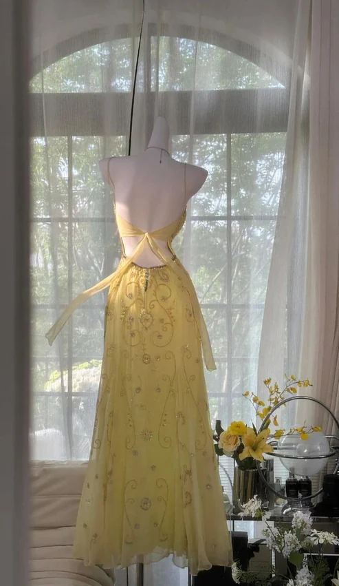 Light Yellow Straps Sheath Beaded Vintage Long Evening Party Dresses, D1231