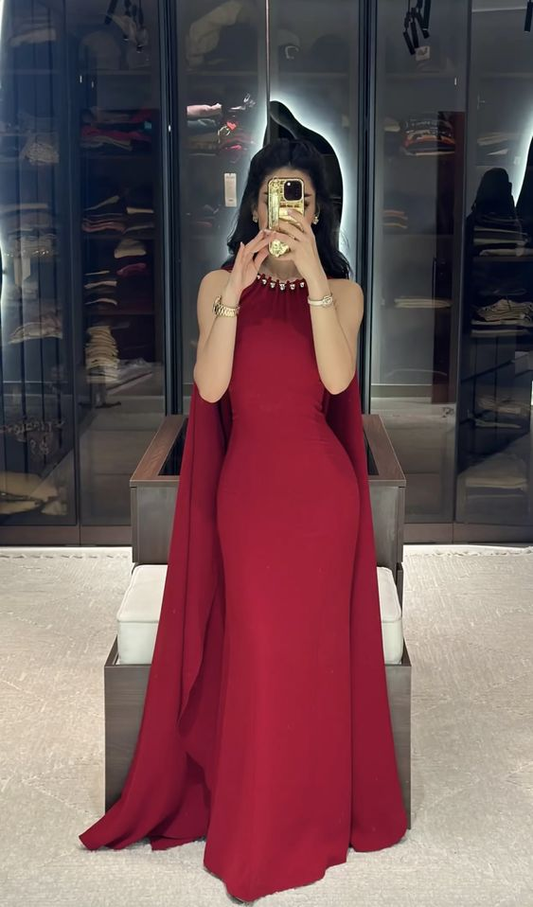 Elegant Halter Mermaid Sleeveless Long Formal Party Dress with Cape MD7572
