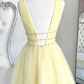 Unique Homecoming Dress Deep V Neck Tulle Sequins Pearl Backless Back to School Outfits Party Dress  D7664