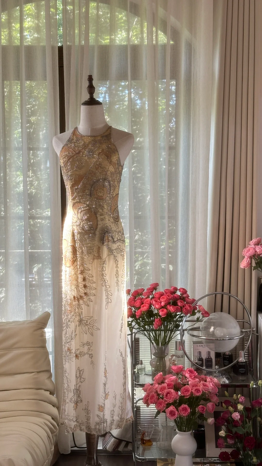 Retro Golden Sparkling Beaded Halter Dress Elegant Chiffon Evening Dress Prom Dresses D1493
