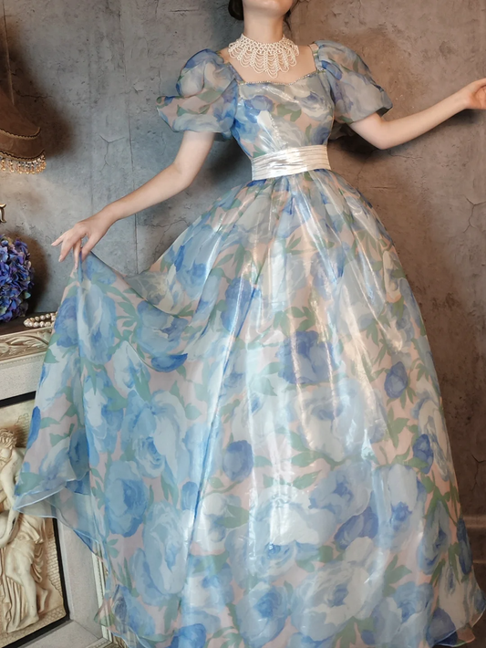 Retro Blue A-Line Printed Chiffon Long Evening Gowns Birthday Outfits, D1171