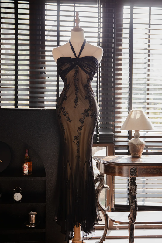 Vintage Halter Neck Mermaid Beading Long Party Dress Evening Gown, D946