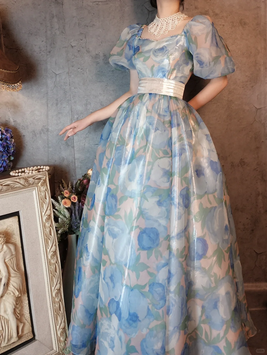 Retro Blue A-Line Printed Chiffon Long Evening Gowns Birthday Outfits, D1171