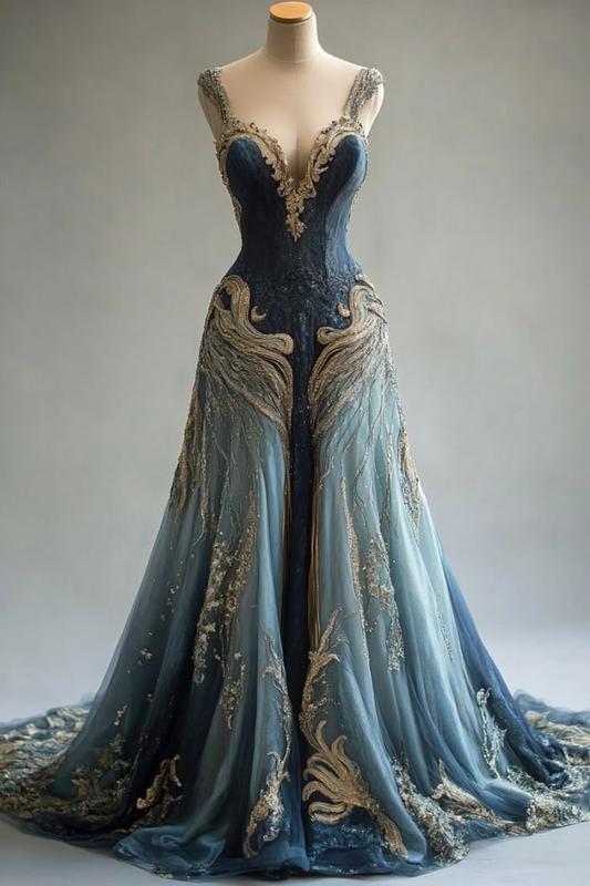 Marineblaues A-Linien-Ballkleid mit Trägern und Perlenbesatz aus Chiffon, lang, D753