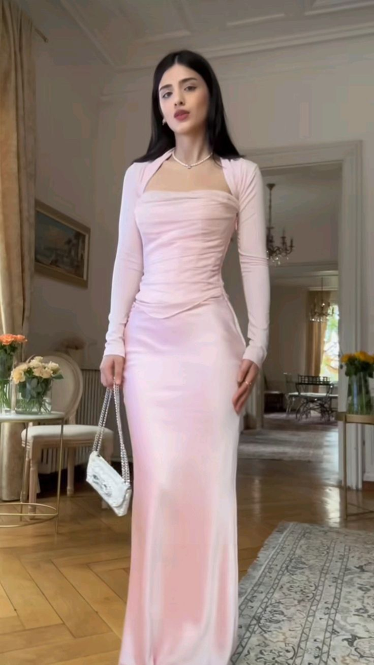 Pink Long Sleeves Mermaid Satin Long Formal Evening Party Dresses, D1172