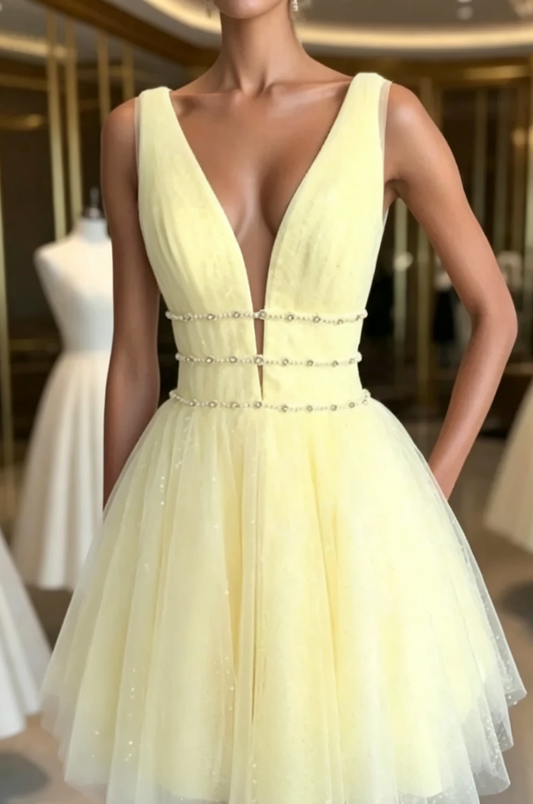 Unique Homecoming Dress Deep V Neck Tulle Sequins Pearl Backless Back to School Outfits Party Dress  D7664