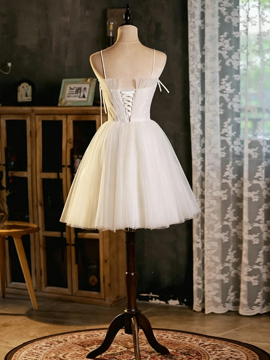 Unique Homecoming Dress Spaghetti Strap Tulle Bowknot Pearl Back to School Outfits Party Dress D7676