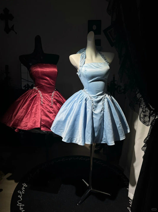 New Homecoming Dress Halter Bead Pearl Rinestone Pleated Back to School Outfits Party Dress D7591