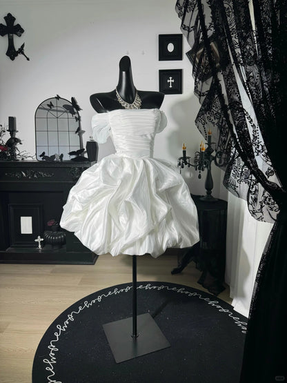 New Homecoming Dress Off the Shoulder Pleated Back to School Outfits Party Dress Birthday Dress Wedding Dress D7645