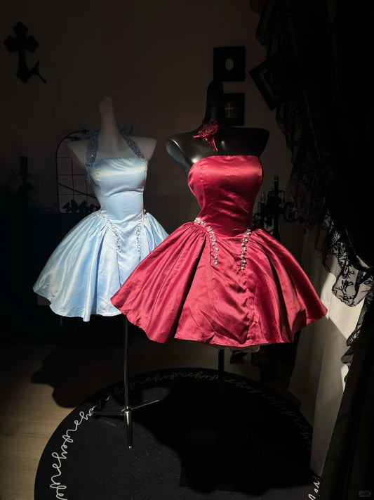New Homecoming Dress Halter Bead Pearl Rinestone Pleated Back to School Outfits Party Dress D7591