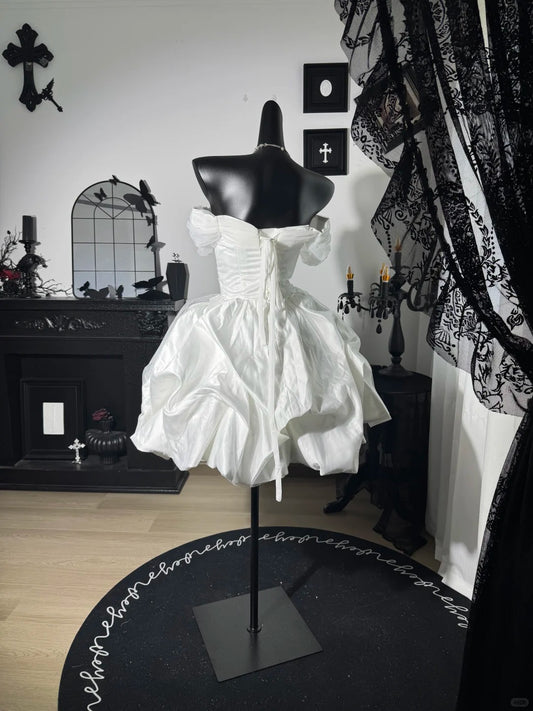 New Homecoming Dress Off the Shoulder Pleated Back to School Outfits Party Dress Birthday Dress Wedding Dress D7645