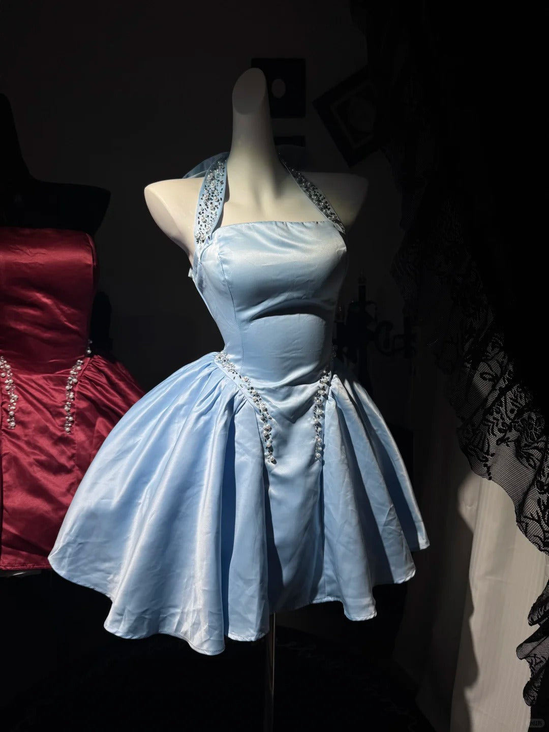 New Homecoming Dress Halter Bead Pearl Rinestone Pleated Back to School Outfits Party Dress D7591