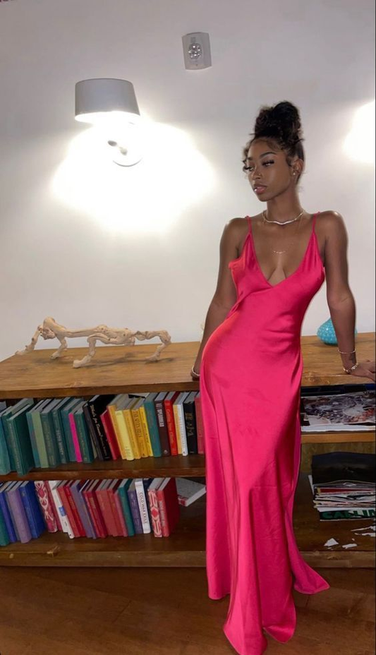 Heißes rosa Satin-Etuikleid mit V-Ausschnitt und Trägern, langes Partykleid MD7298