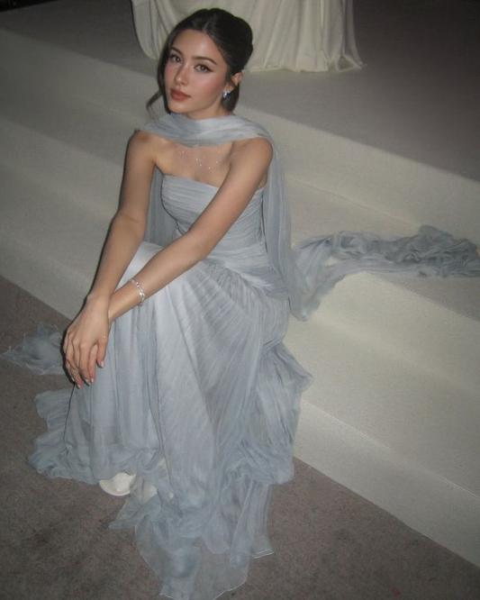 Light Blue Strapless A-Line Long Party Dresses Wedding Guest Dresses, D1173