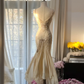 Vintage Ivory Spaghetti Straps Mermaid Beading Long Party Dress Evening Dress, D948
