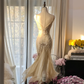Vintage Ivory Spaghetti Straps Mermaid Beading Long Party Dress Evening Dress, D948