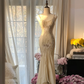 Vintage Ivory Spaghetti Straps Mermaid Beading Long Party Dress Evening Dress, D948
