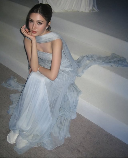 Light Blue Strapless A-Line Long Party Dresses Wedding Guest Dresses, D1173