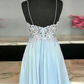 Unique Homecoming Dress Spaghetti Strap V Neck Tulle Applique Back to School Outfits Party Dress  D7665