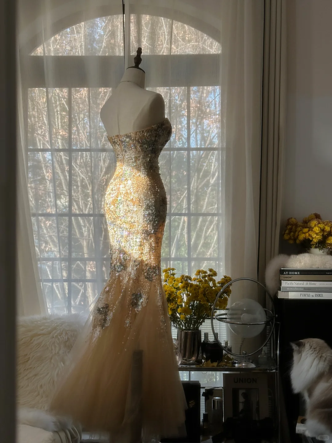 Elegant Mermaid Golden Sparkling Strapless Elegant Beaded Shinny Chiffon Evening Dress Prom Dress D1470