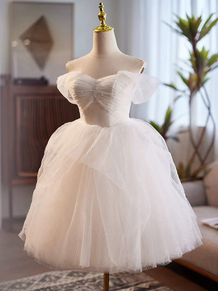 White Sweetheart Tulle Lace Short Prom Dress, White Homecoming Dress  MD7228