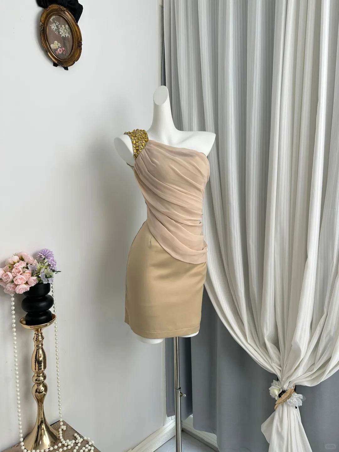 New Homecoming Dress One Shoulder Pleated Rinestone Two Pieces Back to School Outfits Party Dress D6940