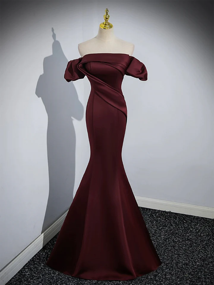 Burgundy Satin Mermaid Off Shoulder Formal Evening Party Dress MD7179