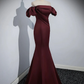 Burgundy Satin Mermaid Off Shoulder Formal Evening Party Dress MD7179