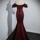 Burgundy Satin Mermaid Off Shoulder Formal Evening Party Dress MD7179