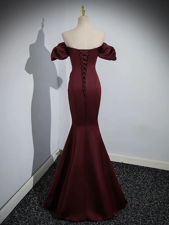 Burgundy Satin Mermaid Off Shoulder Formal Evening Party Dress MD7179