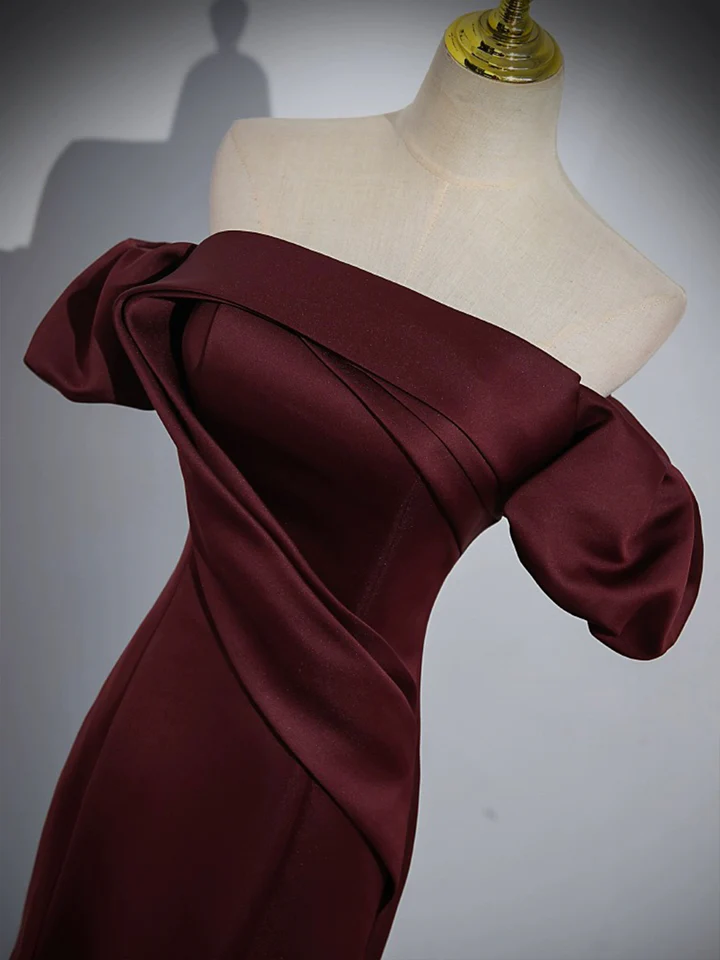 Burgundy Satin Mermaid Off Shoulder Formal Evening Party Dress MD7179