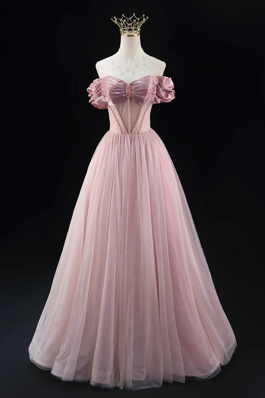 Lovely A-Line Off the Shoulder Tulle Prom Dress Evening Party Dress MD7195