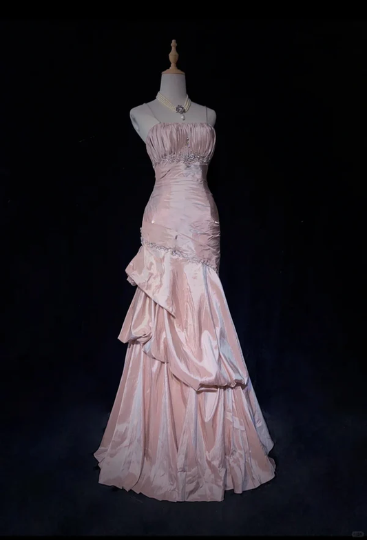 Light Pink Straps Mermaid Beading Vintage Long Party Dress Birthday Outfits, D899