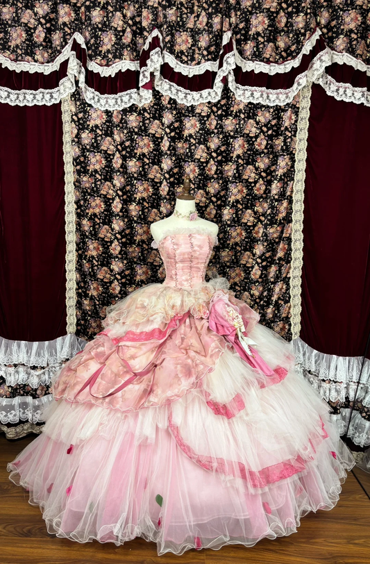 Retro Pink Strapless A-Line Tulle Quinceanera Dresses Evening Ball Gowns, D1266