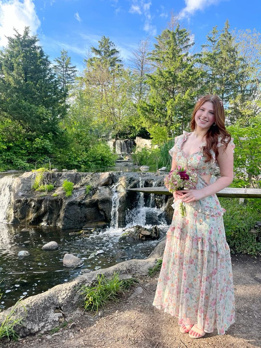 Pretty A-Line Floral Chiffon Long Party Dress Beautiful Senior Prom Dress, D930