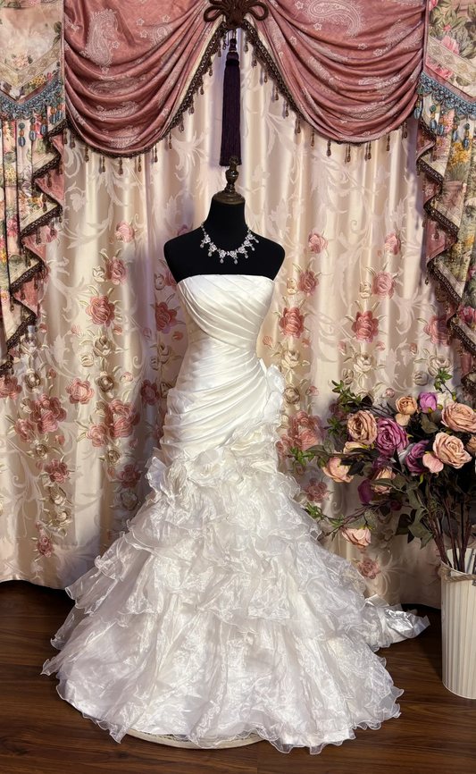White Strapless Mermaid Chiffon Vintage Wedding Dresses Evening Gowns, D1115