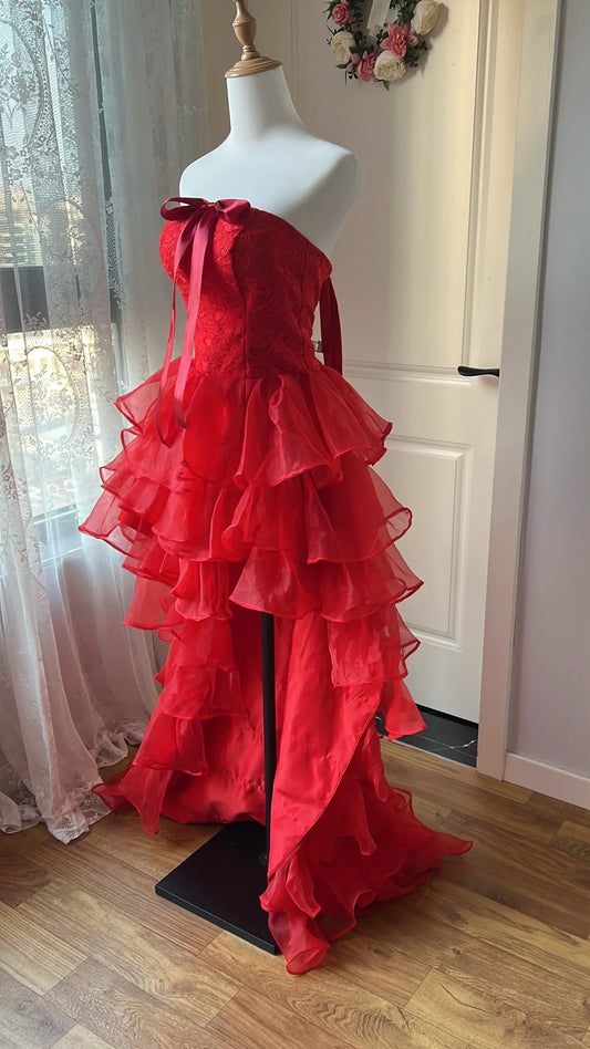 Pretty Homecoming Dress Strapless Hi-Lo Cascade Back to School Outfits Party Dress  D6451