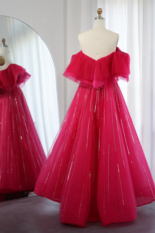 Hot Pink Off Shoulder Long Prom Dress, A Line Party Dresses With Sequin MD7222