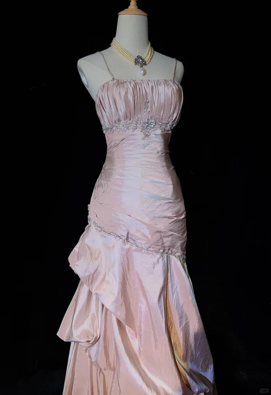Light Pink Straps Mermaid Beading Vintage Long Party Dress Birthday Outfits, D899