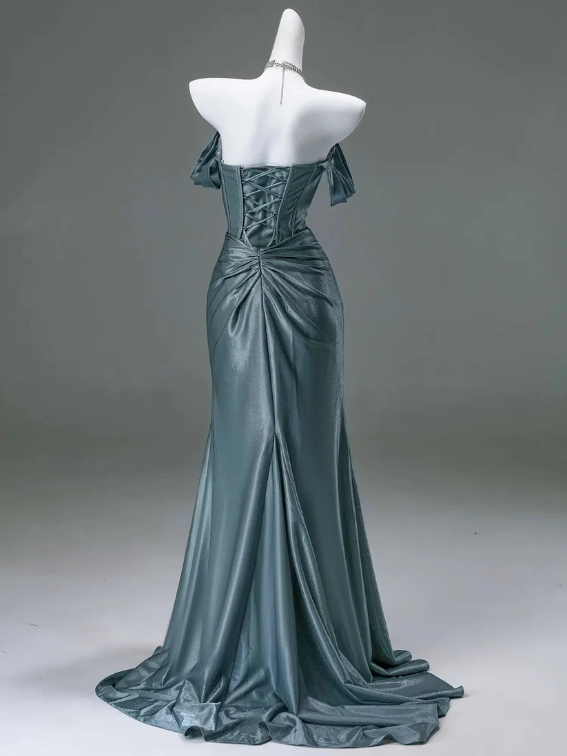 Burgundy Off Shoulder Mermaid Satin Long Formal Evening Party Dresses, D847
