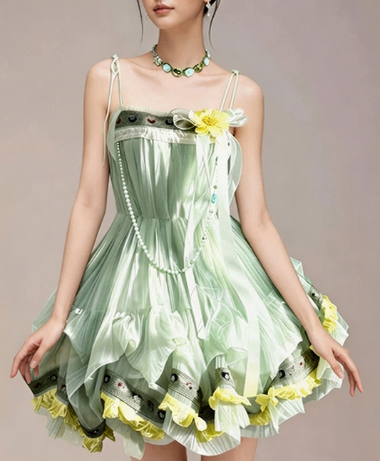 Charming Homecoming Dress Spaghetti Strap Flower Bowknot Pearl Flouncing Cascade Back to School Outfits Party Dress  D7375