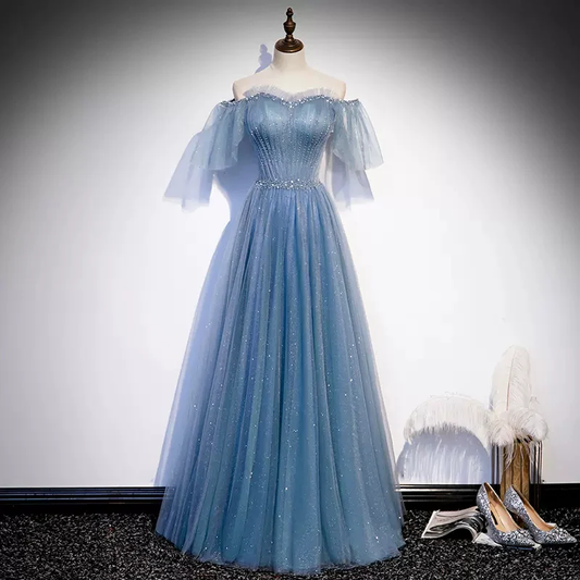 Shiny Blue Off Shoulder Beading Tulle Formal Evening Gown Prom Dress MD7177