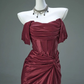 Burgundy Off Shoulder Mermaid Satin Long Formal Evening Party Dresses, D847