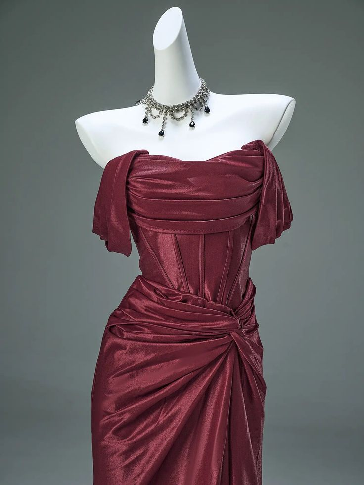 Burgundy Off Shoulder Mermaid Satin Long Formal Evening Party Dresses, D847