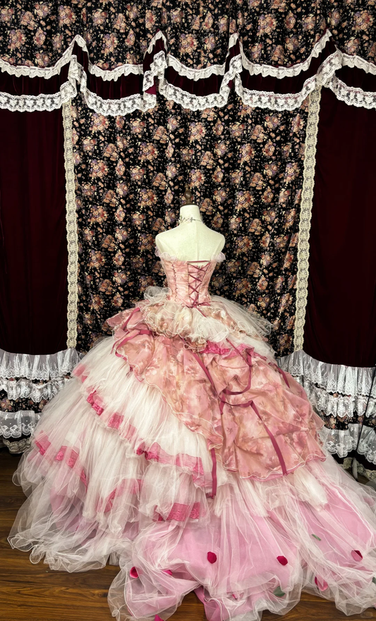 Retro Pink Strapless A-Line Tulle Quinceanera Dresses Evening Ball Gowns, D1266
